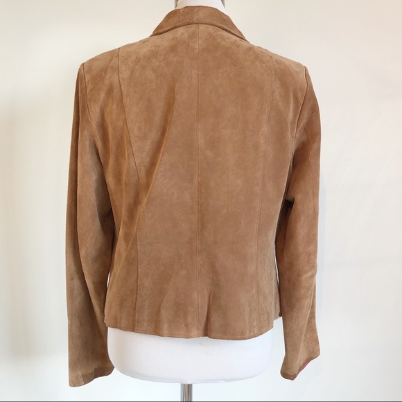 i.e. Women’s Genuine Leather Suede Tan Camel Blazer, size Large Button Front - Picture 6 of 16